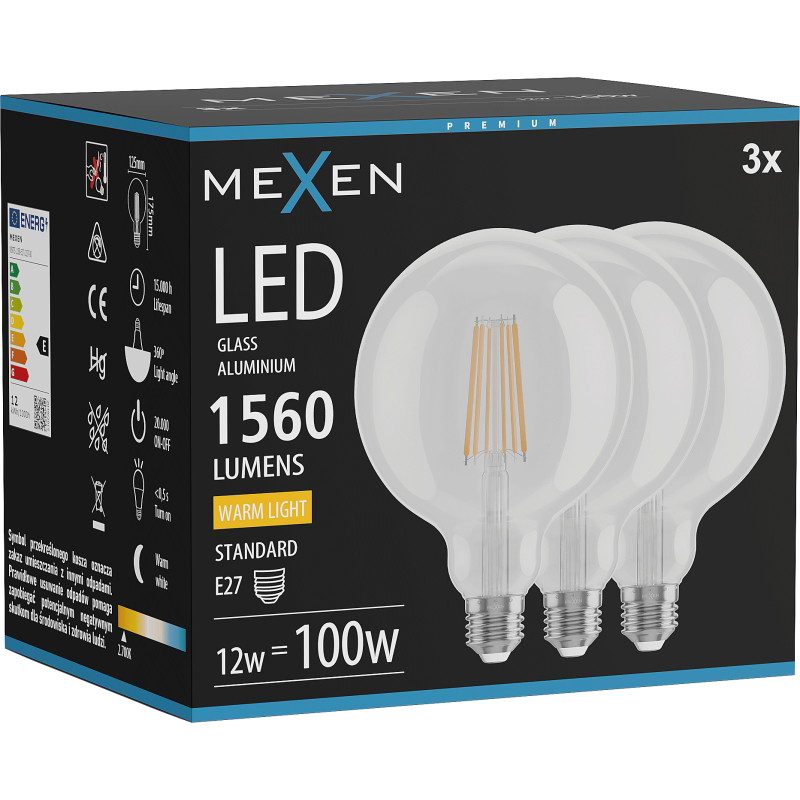 Mexen Vintis 3x ampoule filament LED E27, G125, 12W, Chaude - 2700K, 1560 lm, claire - L158-E27-1227-00x03