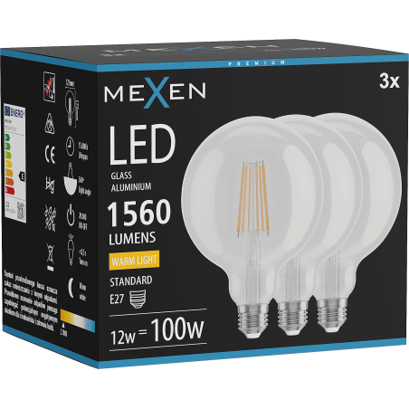 Mexen Vintis 3x ampoule filament LED E27, G125, 12W, Chaude - 2700K, 1560 lm, claire - L158-E27-1227-00x03