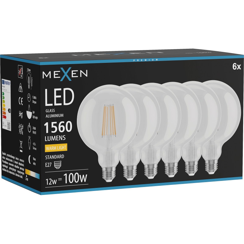 Mexen Vintis 6x Ampoule filament LED E27, G125, 12W, Chaude - 2700K, 1560 lm, clair - L158-E27-1227-00x06