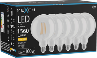 Mexen Vintis 6x Ampoule filament LED E27, G125, 12W, Chaude - 2700K, 1560 lm, clair - L158-E27-1227-00x06