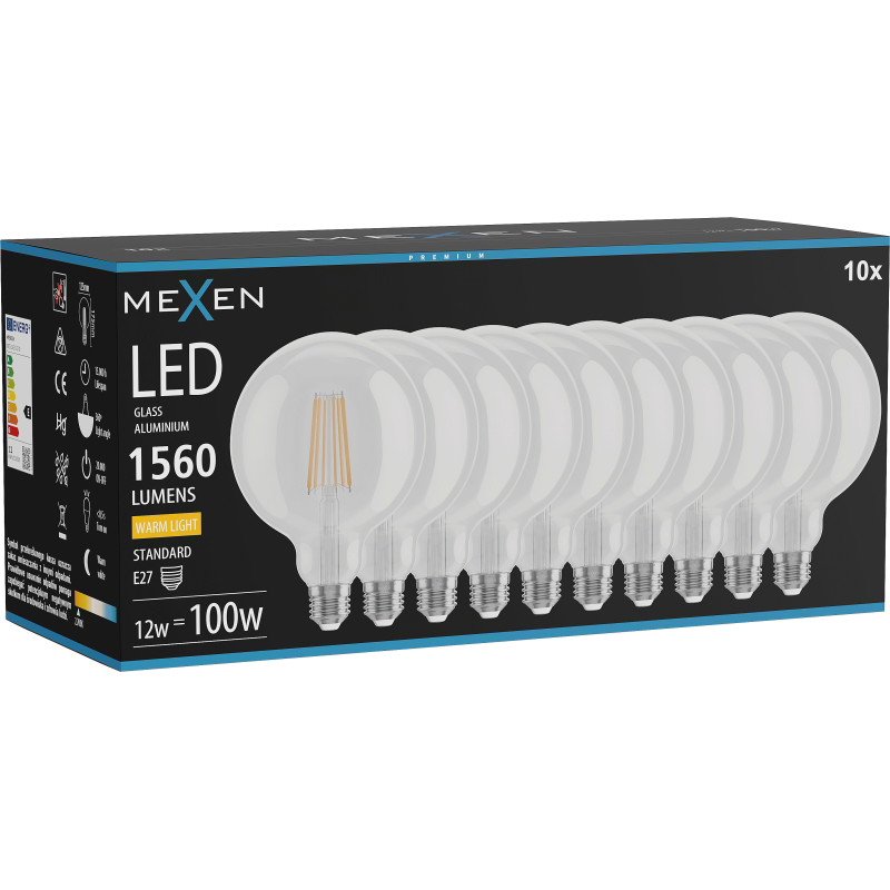 Mexen Vintis 10x ampoule filament LED E27, G125, 12W, Chaude - 2700K, 1560 lm, claire - L158-E27-1227-00x10