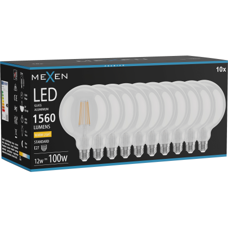 Mexen Vintis 10x ampoule filament LED E27, G125, 12W, Chaude - 2700K, 1560 lm, claire - L158-E27-1227-00x10