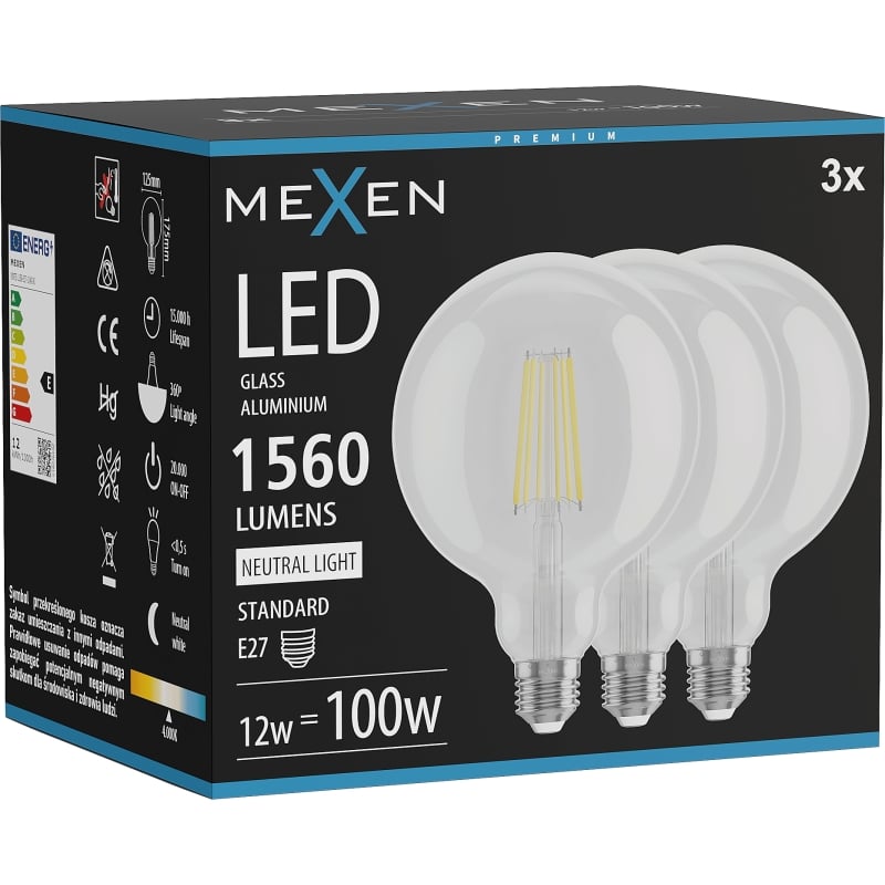 Mexen Vintis 3x Ampoule filament LED E27, G125, 12W, Neutre - 4000K, 1560 lm, claire - L158-E27-1240-00x03