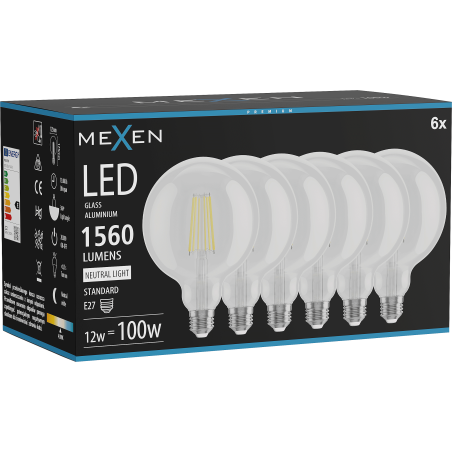 Mexen Vintis 6x Ampoule filament LED E27, G125, 12W, Neutre - 4000K, 1560 lm, transparent - L158-E27-1240-00x06