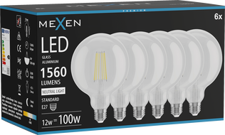 Mexen Vintis 6x Ampoule filament LED E27, G125, 12W, Neutre - 4000K, 1560 lm, transparent - L158-E27-1240-00x06