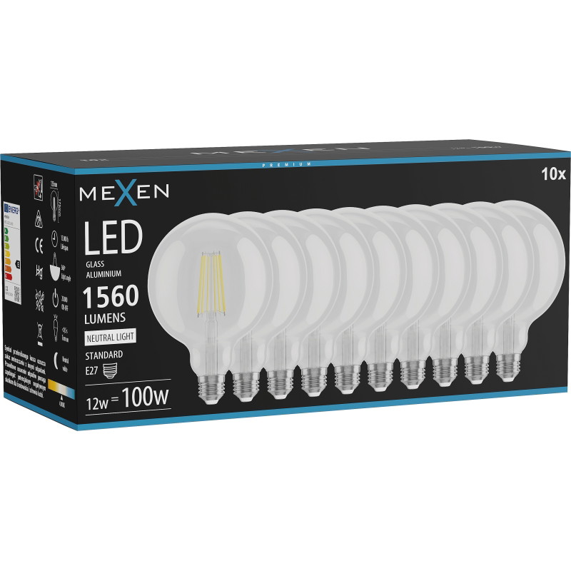Mexen Vintis 10x Ampoule filament LED E27, G125, 12W, Neutre - 4000K, 1560 lm, clair - L158-E27-1240-00x10