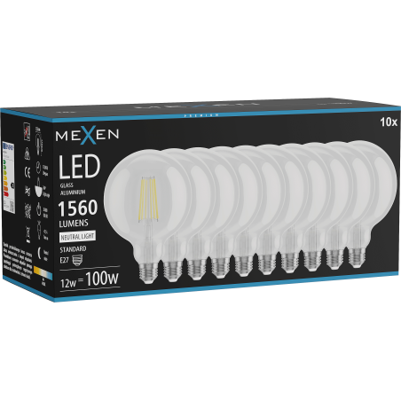 Mexen Vintis 10x Ampoule filament LED E27, G125, 12W, Neutre - 4000K, 1560 lm, clair - L158-E27-1240-00x10
