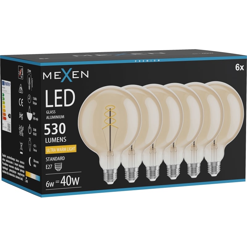 Mexen Vintis 6x Ampoule filament spirale LED E27, G125, 6W, Chaude - 2200K, 530 lm, ambre - L168-E27-0622-50x06