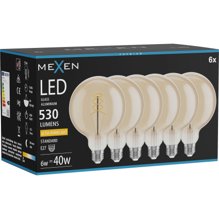 Mexen Vintis 6x Ampoule filament spirale LED E27, G125, 6W, Chaude - 2200K, 530 lm, ambre - L168-E27-0622-50x06