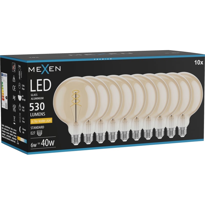Mexen Vintis 10x Ampoule à filament spirale LED E27, G125, 6W, Chaude - 2200K, 530 lm, ambre - L168-E27-0622-50x10