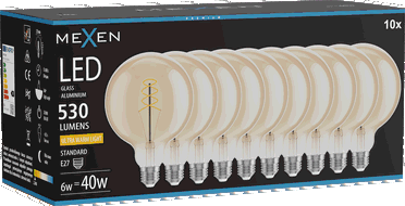 Mexen Vintis 10x Ampoule à filament spirale LED E27, G125, 6W, Chaude - 2200K, 530 lm, ambre - L168-E27-0622-50x10