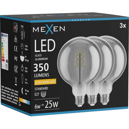 Mexen Vintis 3x Ampoule filament spirale LED E27, G125, 6W, Chaude - 2200K, 350 lm, fumée - L168-E27-0622-70x03