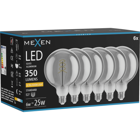 Mexen Vintis 6x Ampoule filament spirale LED E27, G125, 6W, Chaude - 2200K, 350 lm, fumée - L168-E27-0622-70x06