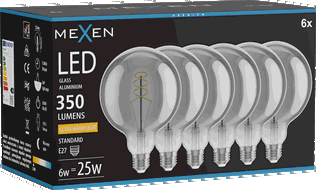 Mexen Vintis 6x Ampoule filament spirale LED E27, G125, 6W, Chaude - 2200K, 350 lm, fumée - L168-E27-0622-70x06