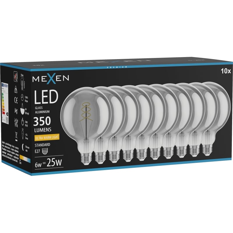 Mexen Vintis 10x Ampoule filament spirale LED E27, G125, 6W, Chaude - 2200K, 350 lm, fumée - L168-E27-0622-70x10