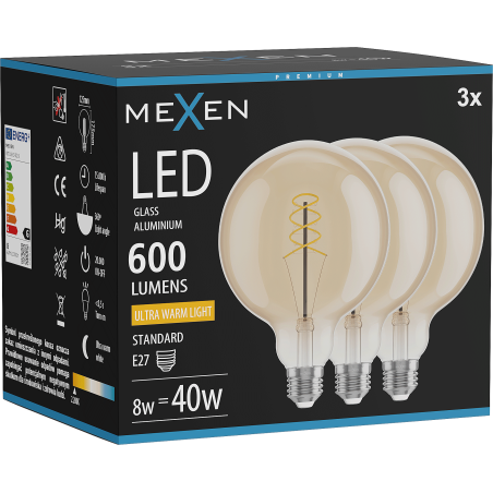 Mexen Vintis 3x Ampoule filament spirale LED E27, G125, 8W, Chaude - 2200K, 600 lm, ambre - L168-E27-0822-50x03