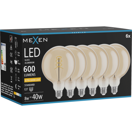 Mexen Vintis 6x Ampoule LED à filament spirale E27, G125, 8W, Chaude - 2200K, 600 lm, ambre - L168-E27-0822-50x06