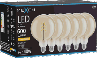 Mexen Vintis 6x Ampoule LED à filament spirale E27, G125, 8W, Chaude - 2200K, 600 lm, ambre - L168-E27-0822-50x06