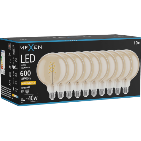 Mexen Vintis 10x Ampoule filament spirale LED E27, G125, 8W, Chaude - 2200K, 600 lm, ambre - L168-E27-0822-50x10