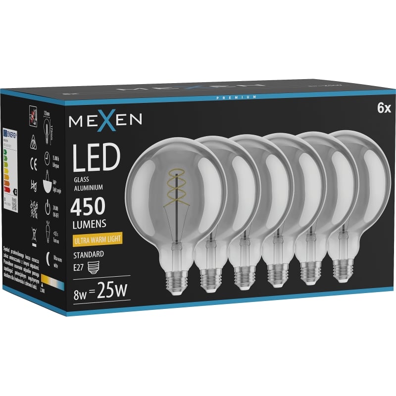 Mexen Vintis 6x Ampoule filament spiralée LED E27, G125, 8W, Chaude - 2200K, 450 lm, fumée - L168-E27-0822-70x06