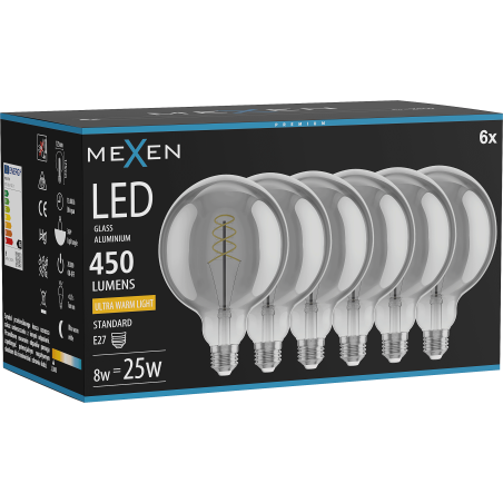 Mexen Vintis 6x Ampoule filament spiralée LED E27, G125, 8W, Chaude - 2200K, 450 lm, fumée - L168-E27-0822-70x06