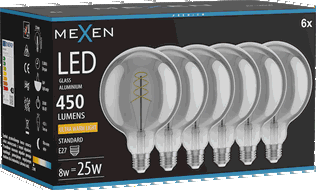 Mexen Vintis 6x Ampoule filament spiralée LED E27, G125, 8W, Chaude - 2200K, 450 lm, fumée - L168-E27-0822-70x06