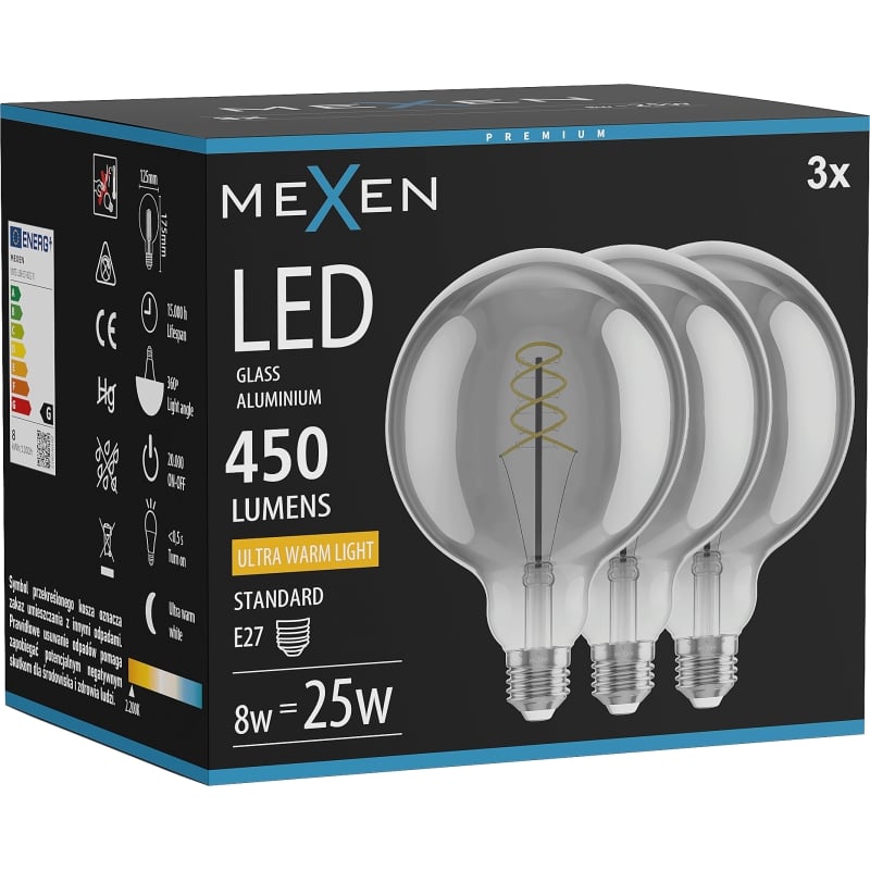 Mexen Vintis 3x Ampoule filament spirale LED E27, G125, 8W, Chaude - 2200K, 450 lm, fumée - L168-E27-0822-70x03