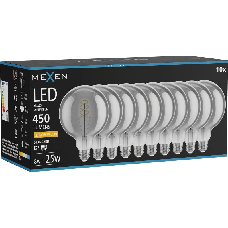 Mexen Vintis 10x Ampoule filament spirale LED E27, G125, 8W, Chaud - 2200K, 450 lm, fumée - L168-E27-0822-70x10