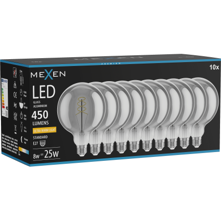 Mexen Vintis 10x Ampoule filament spirale LED E27, G125, 8W, Chaud - 2200K, 450 lm, fumée - L168-E27-0822-70x10