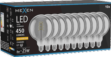Mexen Vintis 10x Ampoule filament spirale LED E27, G125, 8W, Chaud - 2200K, 450 lm, fumée - L168-E27-0822-70x10