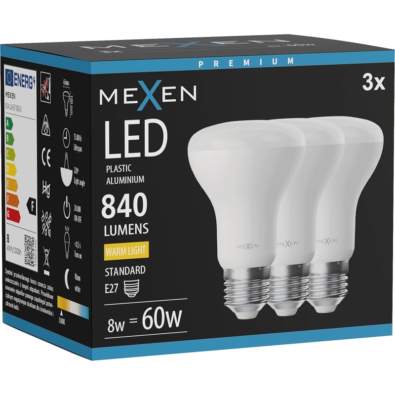 Mexen Nova 3x Ampoule LED E27, R63, 8W, Chaude - 3000K, 840 lm - L104-E27-0830-01x03
