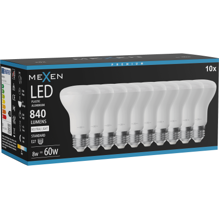 Mexen Nova 10x Ampoule LED E27, R63, 8W, Neutre - 4000K, 840 lm - L104-E27-0840-01x10