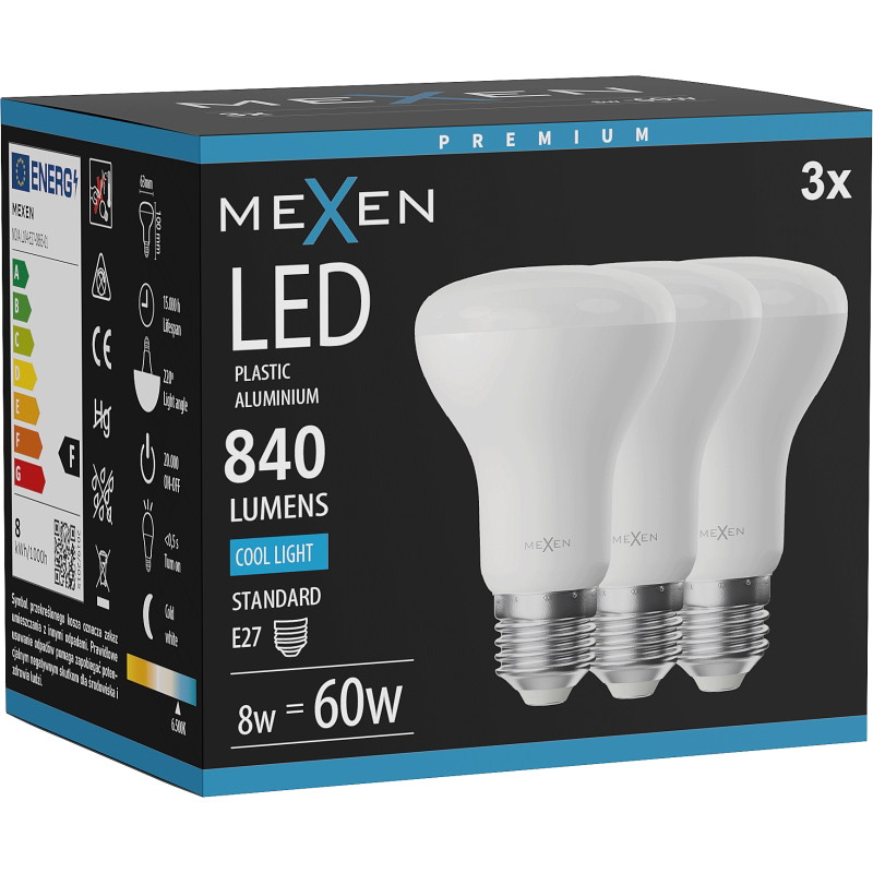 Mexen Nova 3x Ampoule LED E27, R63, 8W, Froid - 6500K, 840 lm - L104-E27-0865-01x03