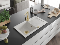 Mexen Pablo évier en granit à 1 bac avec égouttoir et robinet de cuisine Rita, blanc - 6510-20-670300-50