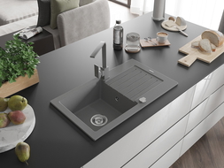 Mexen Pablo évier en granit 1 bac avec égouttoir et mitigeur cuisine Rita, gris - 6510-71-670300-71