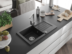 Mexen Pablo évier en granit 1 bac avec égouttoir et robinet de cuisine Rita, noir/argent métallisé- 6510-73-670300-00