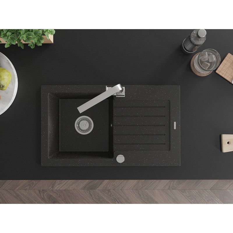 Mexen Pablo évier en granit à 1 bac avec égouttoir et robinet de cuisine Rita, noir/or métallisé- 6510-75-670300-00