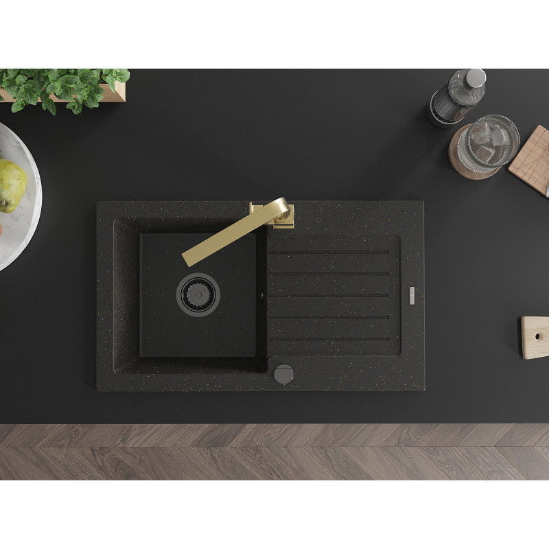 Mexen Pablo évier en granit 1 bac avec égouttoir et robinet de cuisine Rita, noir/or métallisé- 6510-75-670300-50-B
