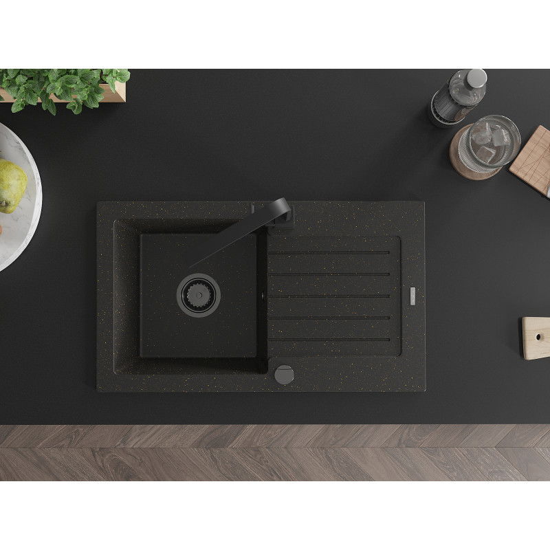 Mexen Pablo évier de cuisine 1 bac en granit avec égouttoir et robinet de cuisine Rita, noir/or métallisé - 6510-75-670300-70-B