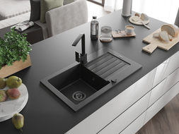 Mexen Pablo évier en granit à 1 bac avec égouttoir et robinet de cuisine Rita, noir - 6510-77-670300-70-B