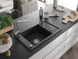 Mexen Elias évier en granit 1 bac avec égouttoir et robinet de cuisine Rita, noir/métallique argenté - 6511-73-670300-00