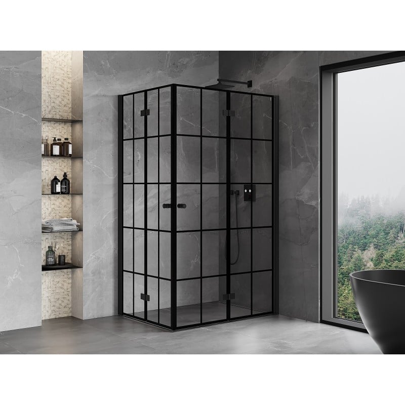 Mexen Mist-F Duo cabine de douche pliante droite 90 x 95 cm, grille noire, noir - 8A6-090L-095P-70-77