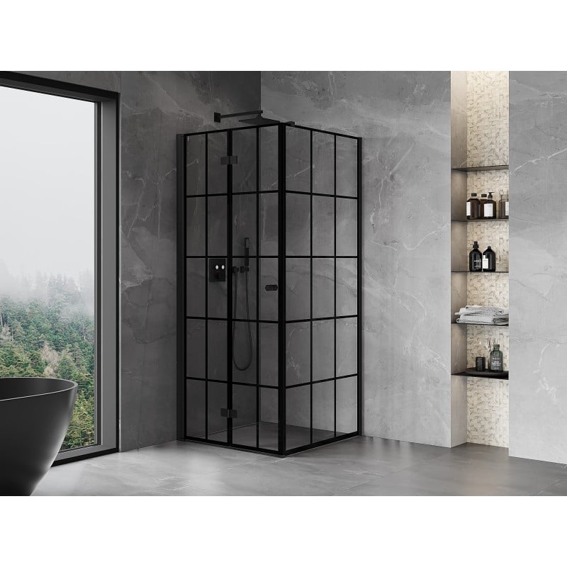 Mexen Mist-F paroi de douche pliante gauche 75 x 75 cm, grille noire, noir - 8A6T-075-075-70-77-L