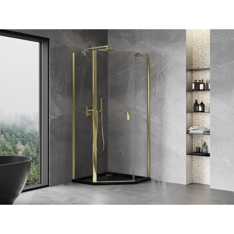 Mexen Mist cabine de douche pentagonale pivotante 90 x 90 cm, transparent, doré - 8A8-090-090-50-00