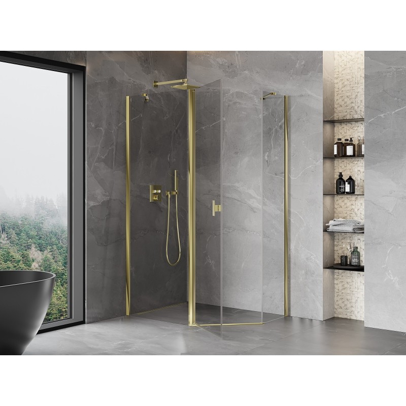 Mexen Mist cabine de douche pentagonale asymétrique pivotante 90 x 80 cm, transparent, or - 8A8-090-080-50-00