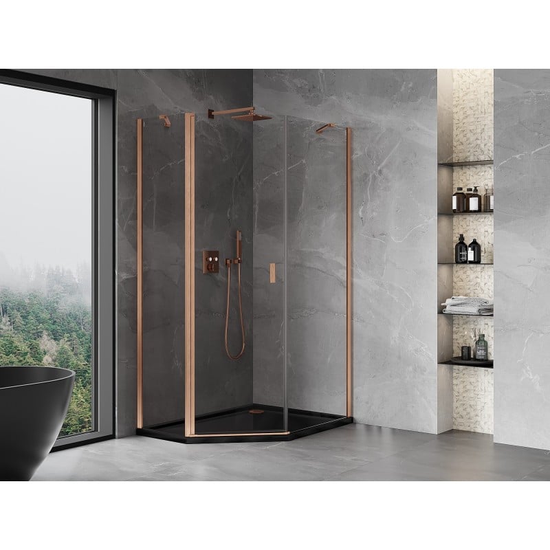 Mexen Mist cabine de douche pentagonale asymétrique pivotante 80 x 100 cm, transparent, cuivre brossé - 8A8-080-100-65-00