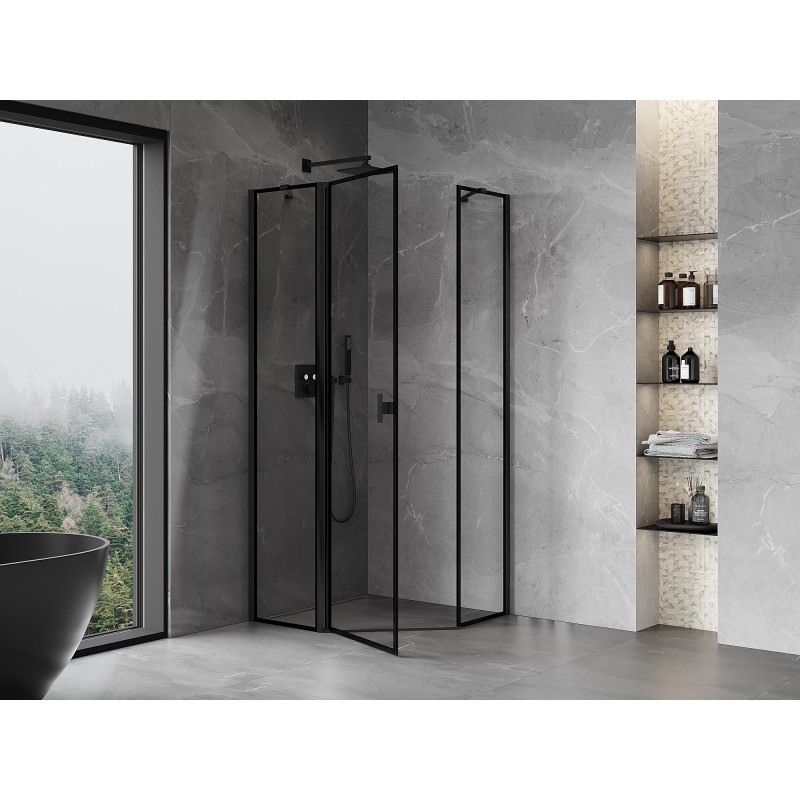 Mexen Mist cabine de douche pentagonale pivotante gauche 80 x 80 cm, cadre noir, noir - 8A8-080-080-70-70-L