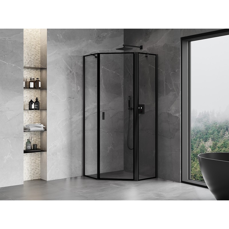 Mexen Mist cabine de douche pentagonale pivotante droite 80 x 80 cm, cadre noir, noir - 8A8-080-080-70-70-P