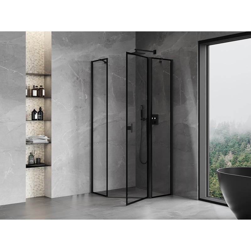 Mexen Mist cabine de douche pentagonale pivotante droite 80 x 80 cm, cadre noir, noir - 8A8-080-080-70-70-P