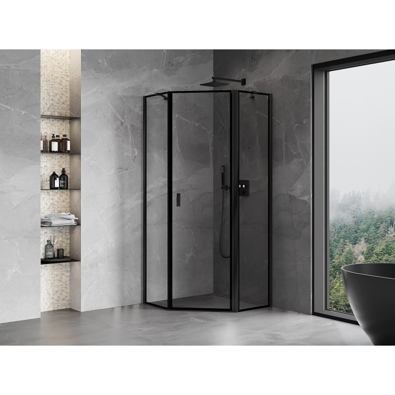 Mexen Mist cabine de douche pentagonale pivotante droite 90 x 90 cm, cadre noir, noir - 8A8-090-090-70-70-P